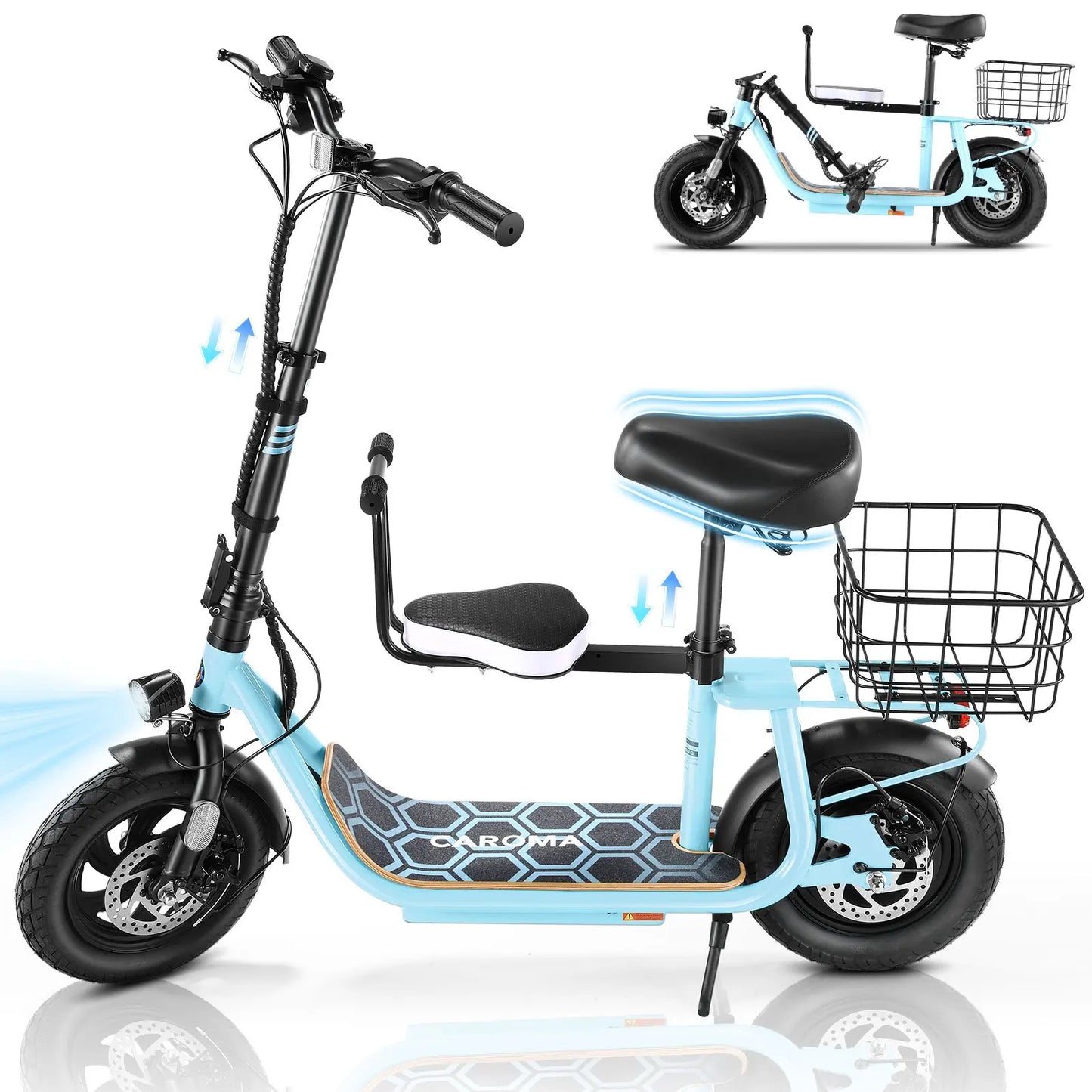 Peak 1200W Electric Scooter with Kids Seat,12" Shock-Absorbing Tires,500Wh Battery up to 30 Miles,Foldable for Commuting
