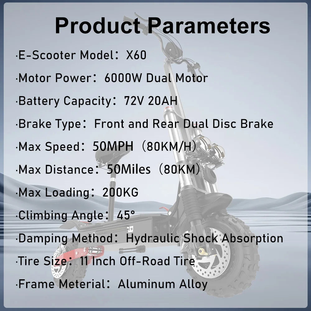 SMATEIGHT X60 6000W Dual Motor Adult Electric Scooter Speed up to 50MPH 72V 20AH 11 Inch Off-Road Tires Foldable E-Scooter