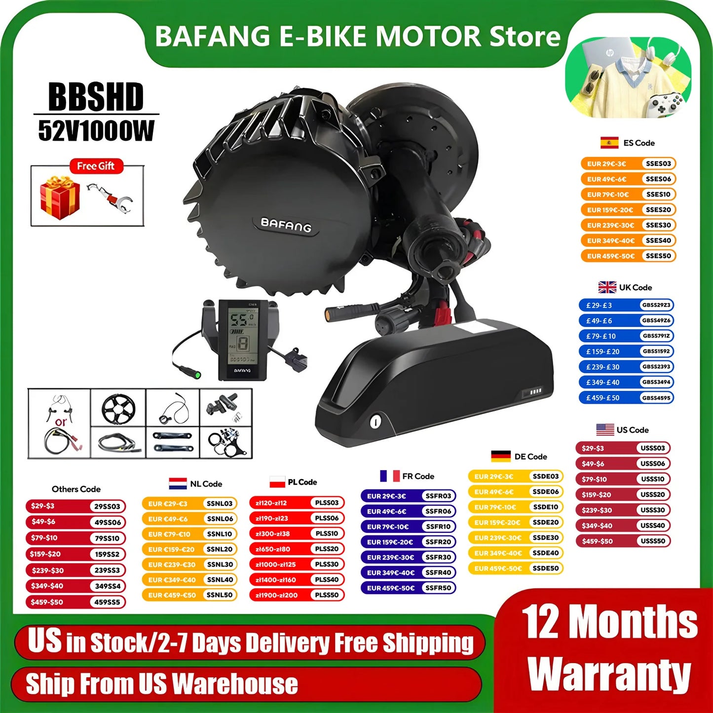 BAFANG BBSHD 1000W 52V Mid Drive Motor Bicycle Electric Bike Conversion Kit with 52V 20AH Battery for E-bike