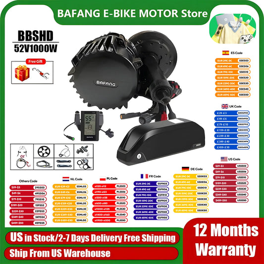 BAFANG BBSHD 1000W 52V Mid Drive Motor Bicycle Electric Bike Conversion Kit with 52V 20AH Battery for E-bike