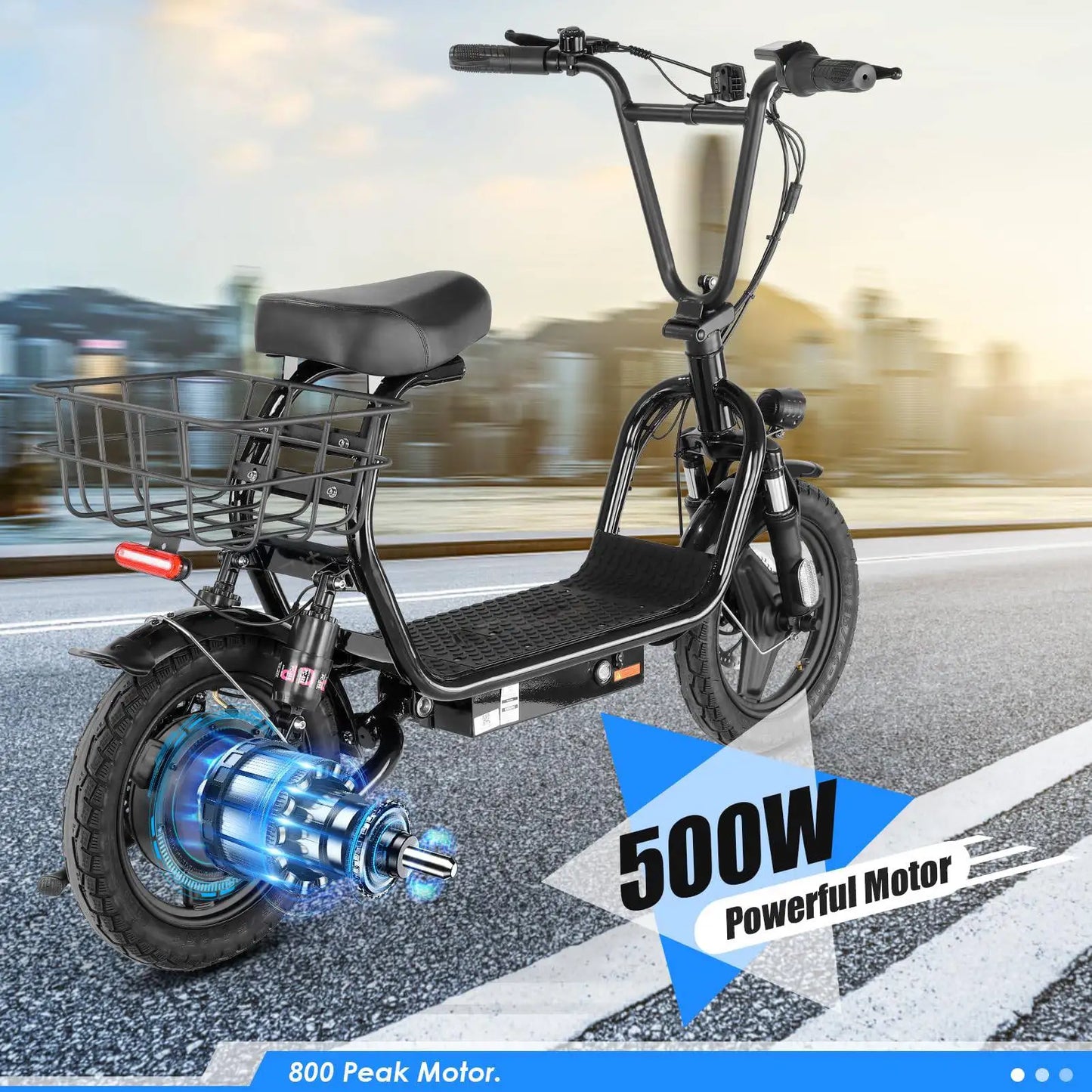 Caroma 500W Electric Scooter with Seat, 14" Fat Tire, 500Wh Battery,25 Miles&20MPH, Foldable, with Basket&Shock Absorbing
