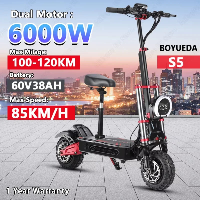 Boyueda S5 Electric scooter 6000WMotor 60v38AH Battery 11 Inch AdultOff-road Escooters 85km/h DoubleDrive Version E-5cooter