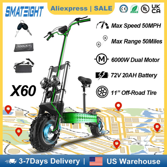 SMATEIGHT X60 6000W Dual Motor Adult Electric Scooter Speed up to 50MPH 72V 20AH 11 Inch Off-Road Tires Foldable E-Scooter