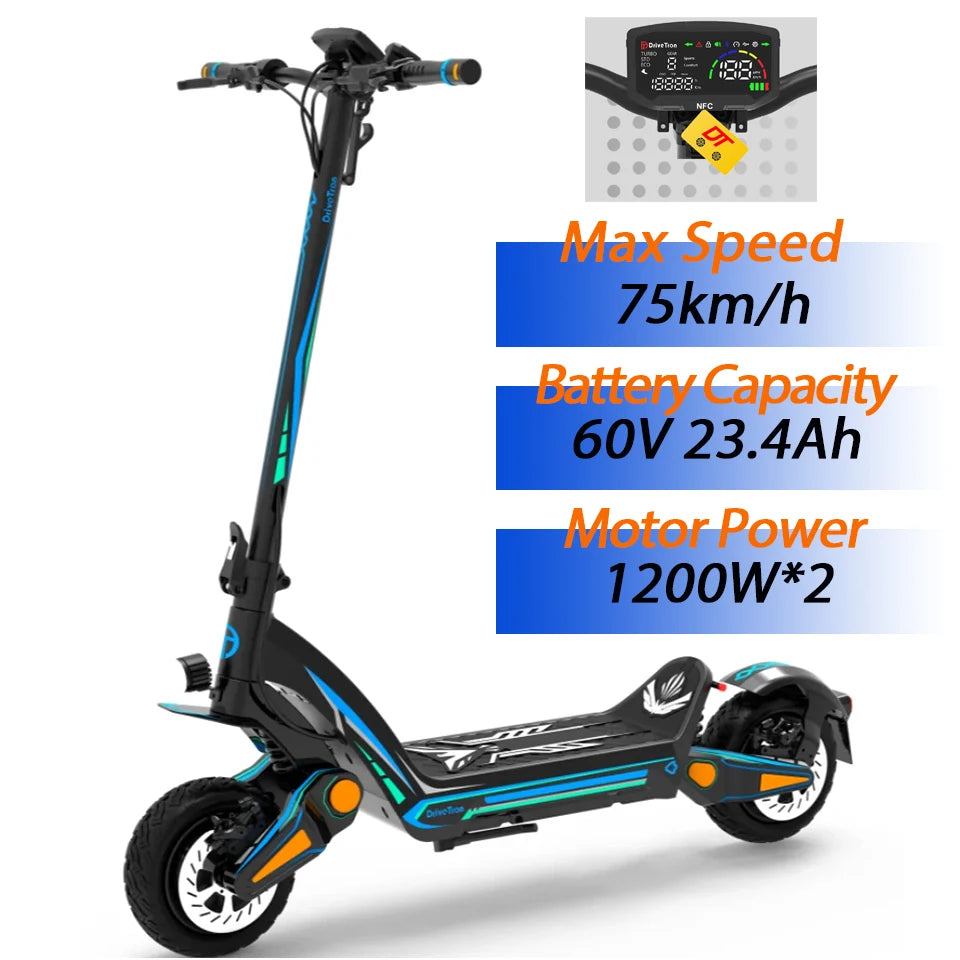 EU/USA Warehouse DT06 1200W*2 60V 23.4Ah 70KM/H 11 inch IPX5 Hydraulic Suspension Dual Motor Foldable Off Road Electric Scooter