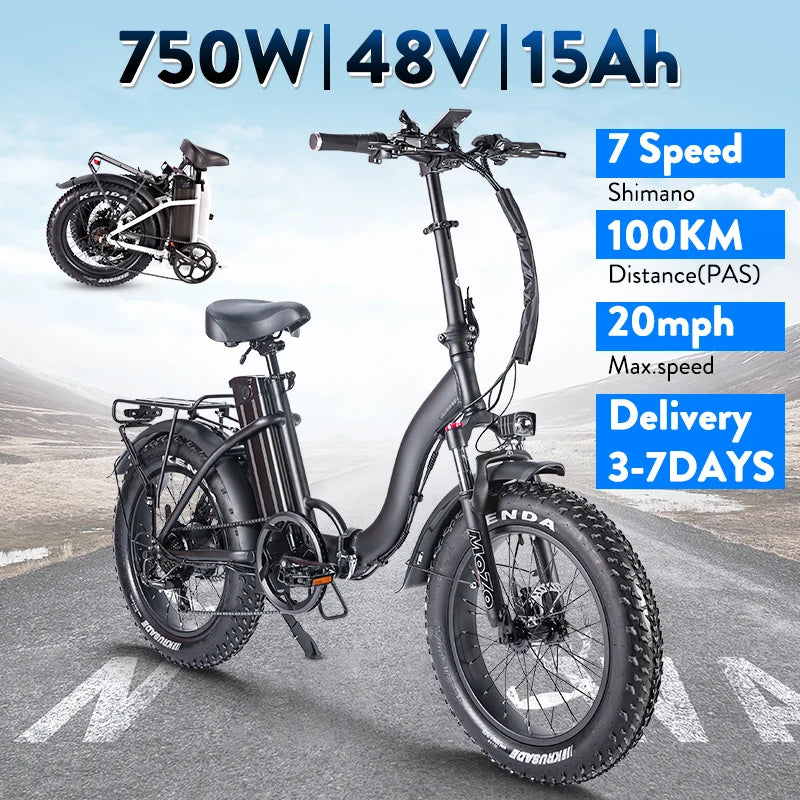 Foldable Ebike for adults 48V 750W 15AH Li-ion Battery E bike,20 Inch Fat tire,Folding Ebike for Urban Commuter Man Woman.