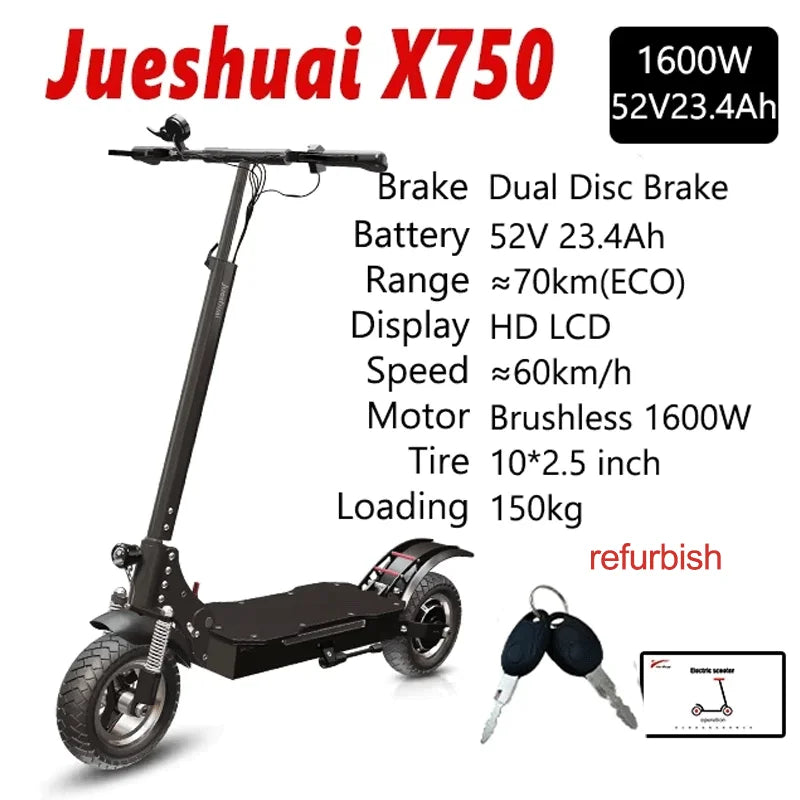 Foldable 2 Wheel Electric Scooter 20Ah Rechargable Battery 80 km Long Range 1300W Motor 10" Big Wheel Mobility Scooter for Adult
