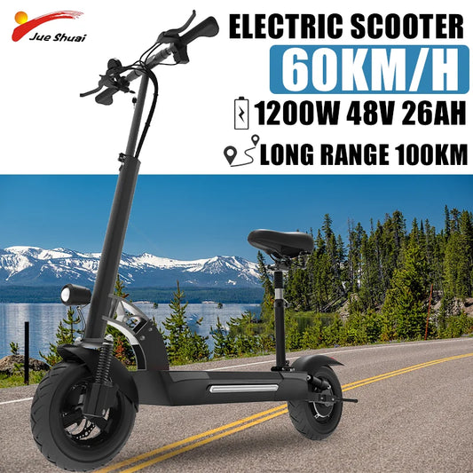 48V 26AH Lithium Battery Electric Scooter with Seat Max Speed 65KM/H E Scooter 1200W Single Motor 35° Climbing Angle for Adults