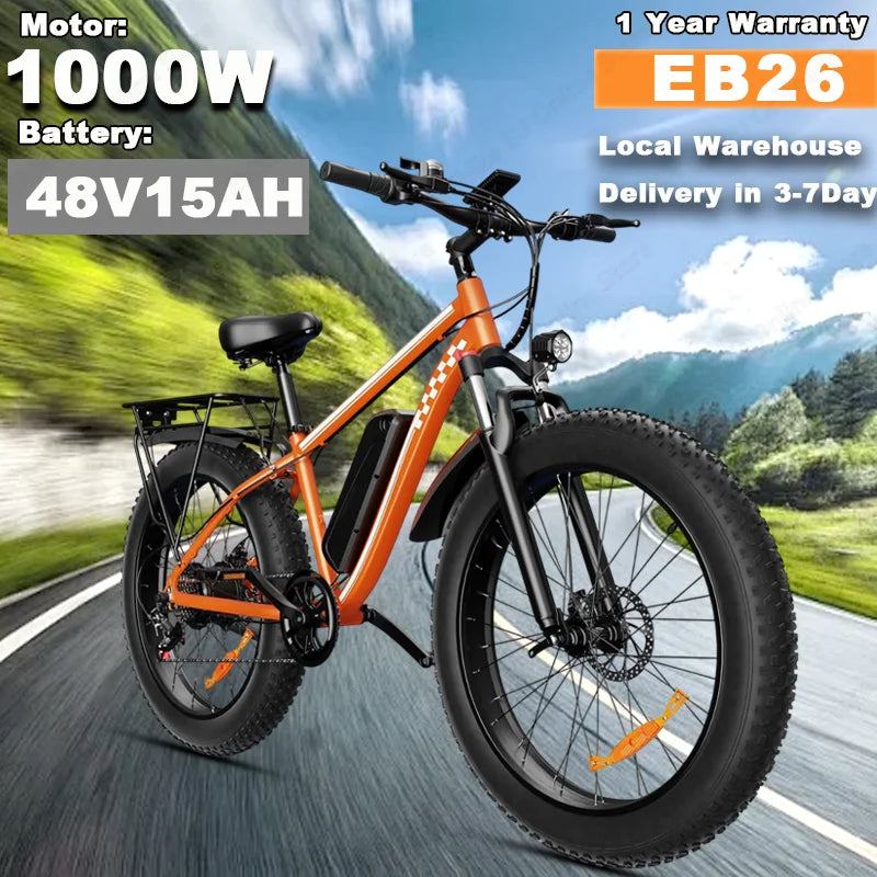 EBike 1000W Peak Power 48V15AH Battery Electric Bikes Double Shock Absorber 26-inch All-terrain Fat Tire Aldult Electric Bicycle