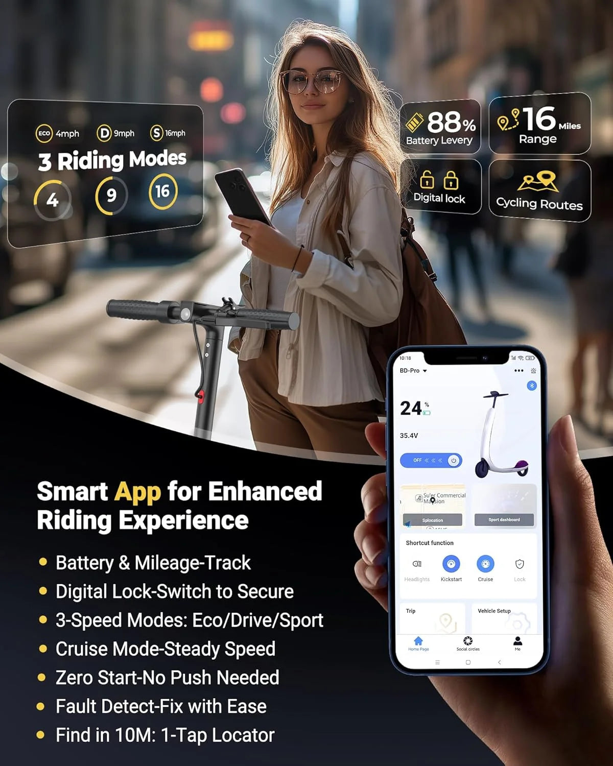 LADPED Electric Scooter 350W 19MPH APP Smart Control Scooter 8.5inch tire Folding E-Scooter 16Miles Max Range for Adult