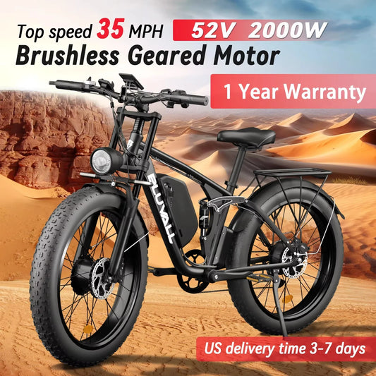 52V Dual Motor 2000W Fat Tire Electric Bike 26x4.0 Snow Beach E-Bike 7 Speed Full Suspension 35MPH Long Range Adults Commuter