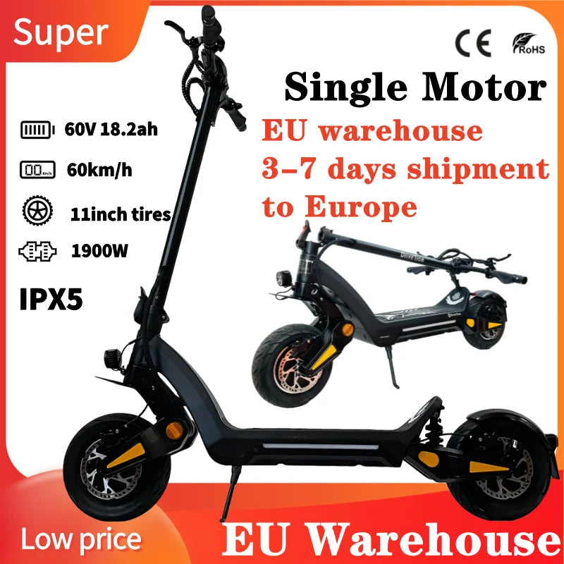 EU/USA Warehouse DT06 1200W*2 60V 23.4Ah 70KM/H 11 inch IPX5 Hydraulic Suspension Dual Motor Foldable Off Road Electric Scooter