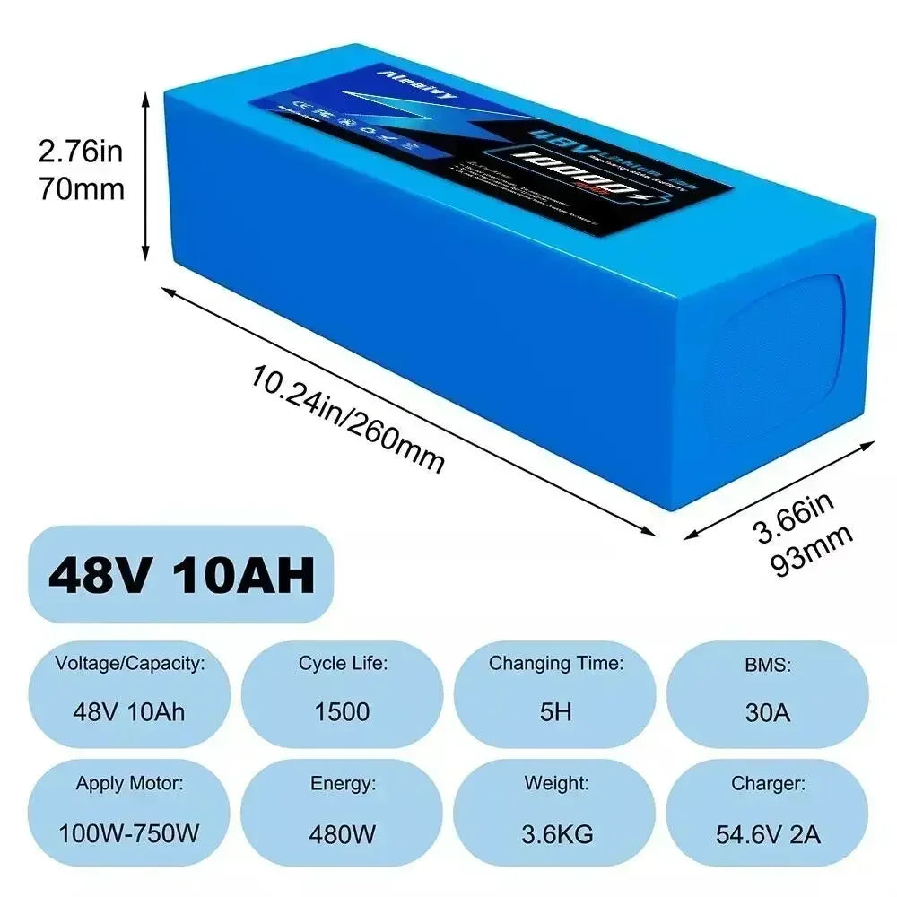 Aleaivy 36V 48V Electric Bike Lithium Battery Pack 10,16,20Ah Li ion Ebike Battery for Bicycle Scooter Motorcycle with Charger