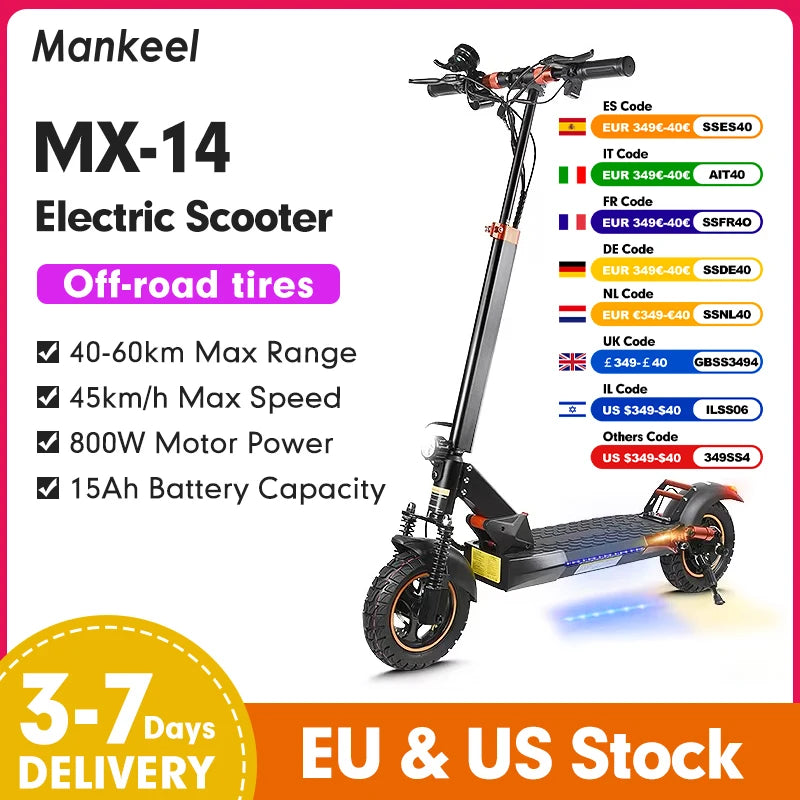 Mankeel MX-14 10" Off-road Tire Kick Electric Scooter 48V 15Ah 45km/h Foldable E-Scooter 800W Motor Electric Scooter For Adult