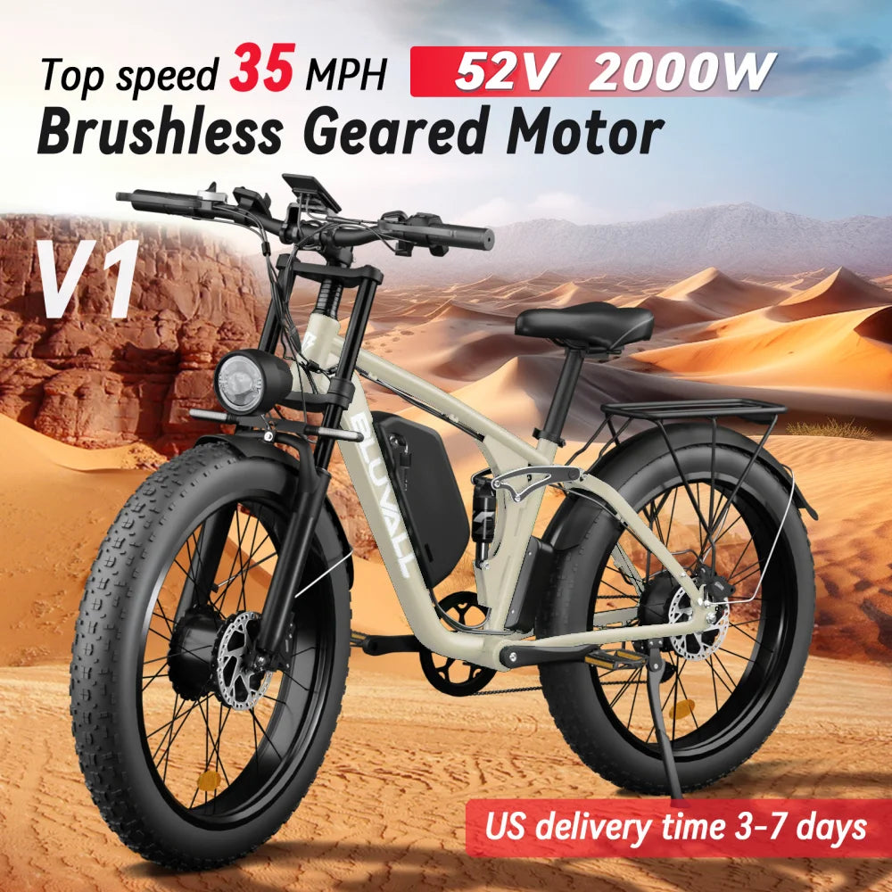 52V Dual Motor 2000W Fat Tire Electric Bike 26x4.0 Snow Beach E-Bike 7 Speed Full Suspension 35MPH Long Range Adults Commuter