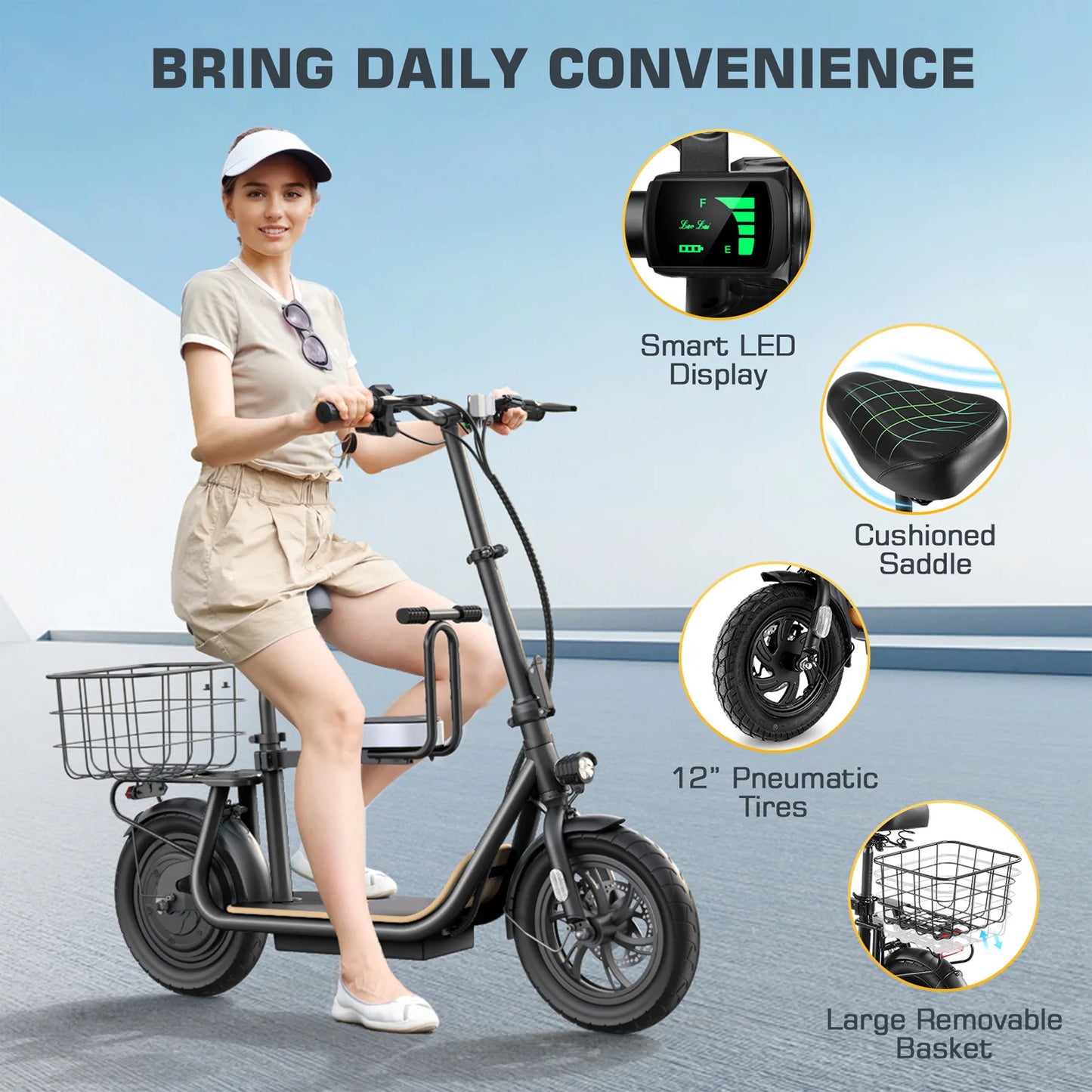 Peak 819W Electric Scooter with Kids Seat,25 Miles Range,Foldable Scooter for Adults and Teens,Commuter E Scooter with Basket