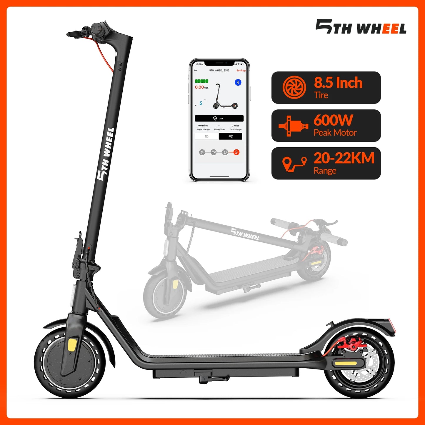 5TH WHEEL A16lite Electric Scooter for Adults, 18MPH, 12.4 Miles Range, 8.5" Solid Tires, Turn Signals, Dual Braking