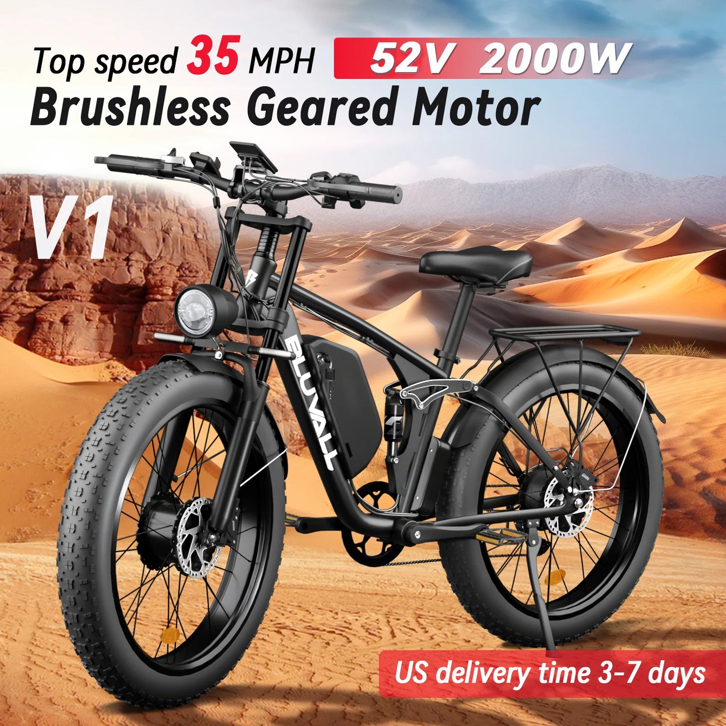 52V Dual Motor 2000W Fat Tire Electric Bike 26x4.0 Snow Beach E-Bike 7 Speed Full Suspension 35MPH Long Range Adults Commuter