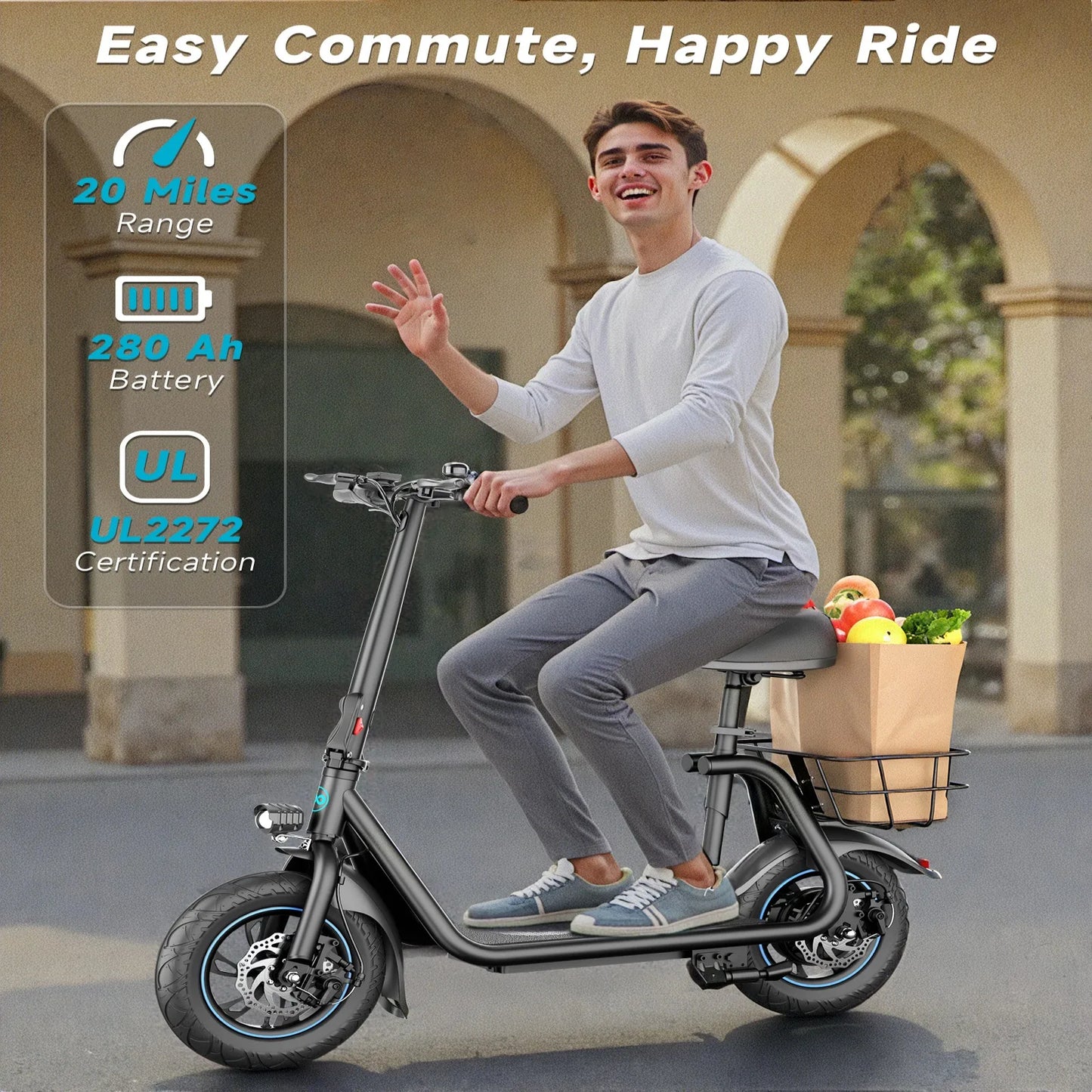 450W Motor Electric Scooter: 265LBS Max Load, 22-Mile Range, 15.5MPH Top Speed, 3 Modes, Adjustable Seat, LCD Display.