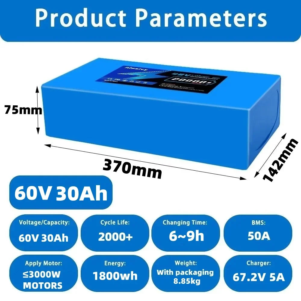Aleaivy 60V 30Ah Electric Bike Lithium Battery Pack 30000mAh Li ion Ebike Battery for Bicycle Scooter Motorcycle with Charger