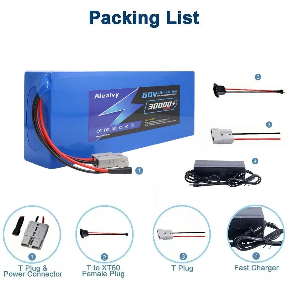 Aleaivy 60V 30Ah Electric Bike Lithium Battery Pack 30000mAh Li ion Ebike Battery for Bicycle Scooter Motorcycle with Charger