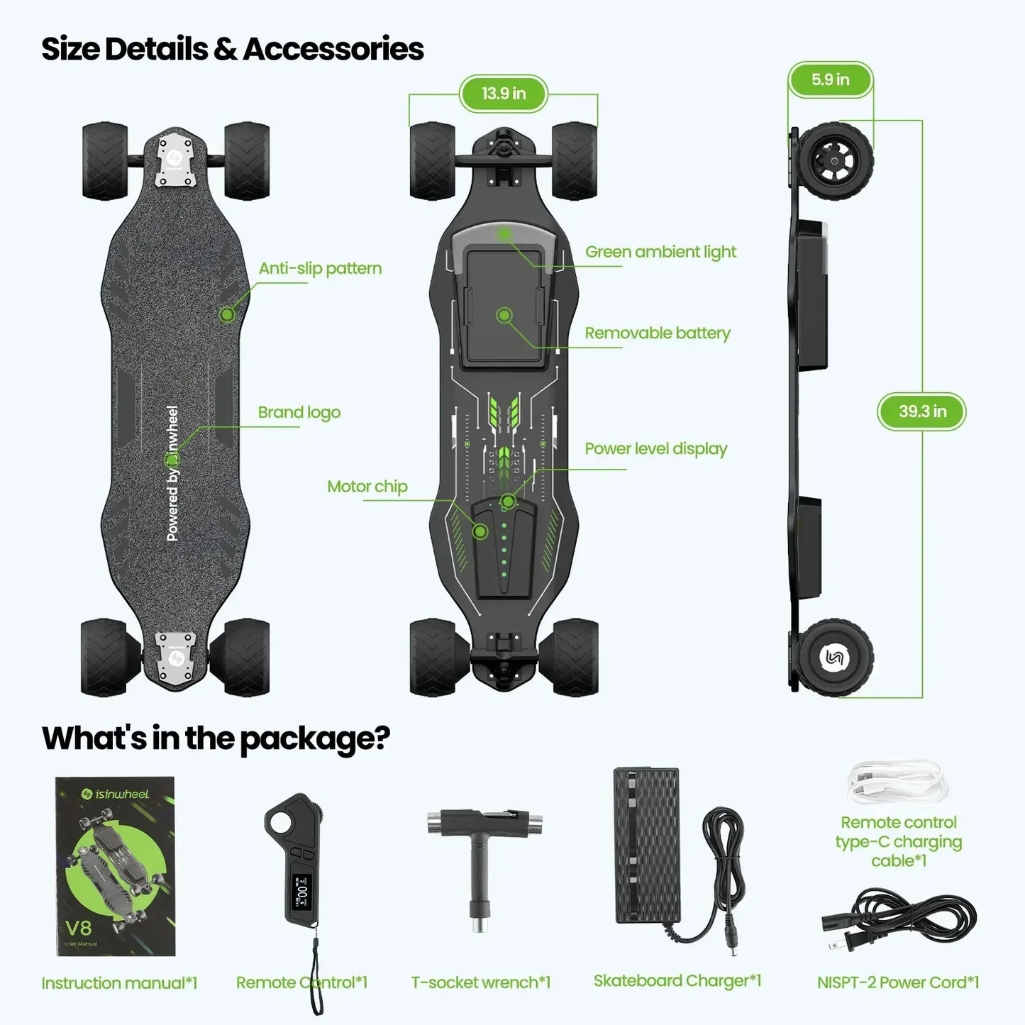 Isinwheel V8 Adult Electric Skateboard 37V 5Ah Battery 600W*2 Dual Motor f-road wheels E-skateboard E-scooter