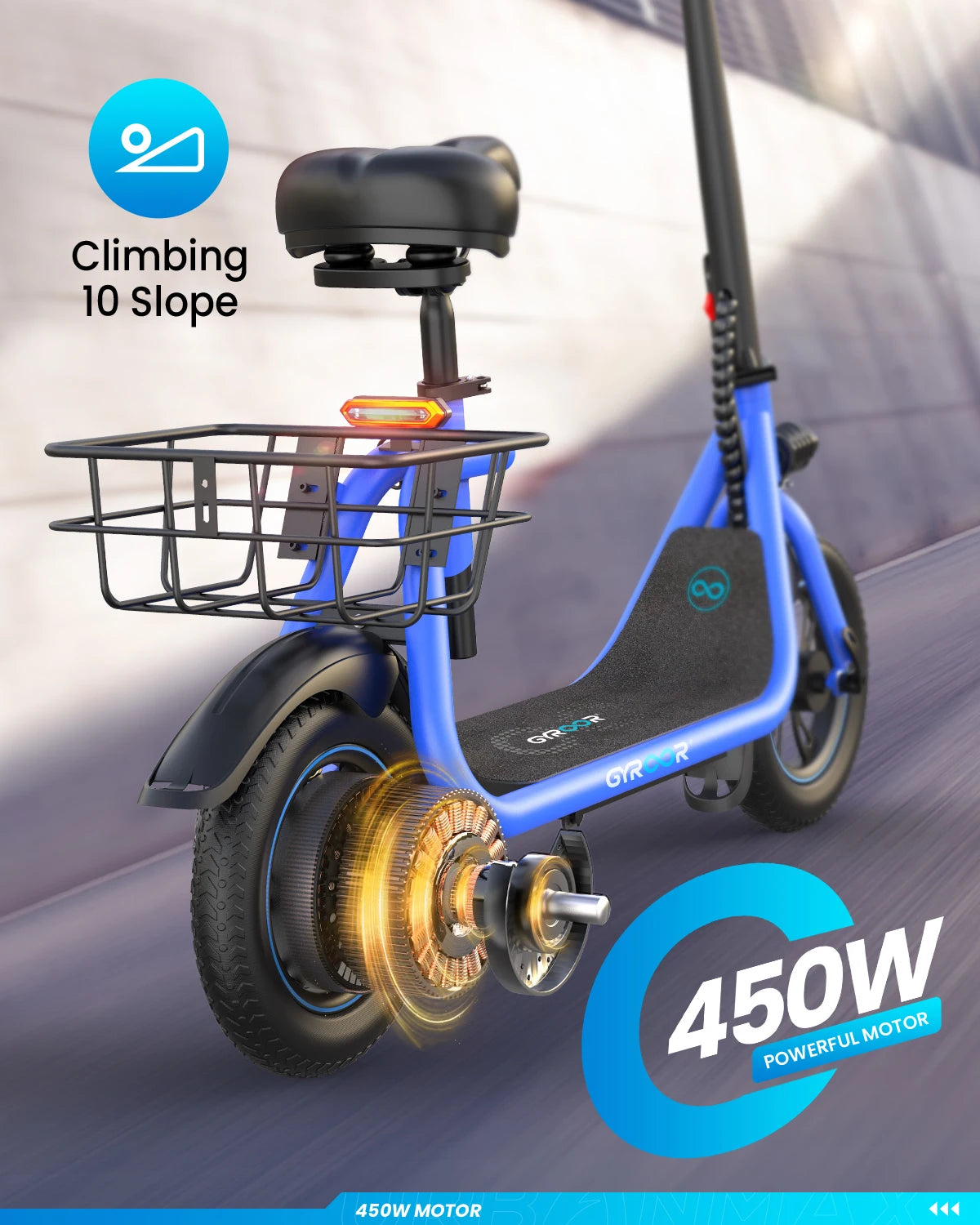 Gyroor 450W Electric Scooter with Seat for Adult, 12 inch Commuter Electric Scooter with Basket - up to 21 Miles 15.5MPH