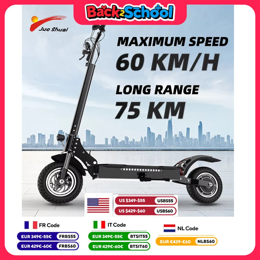 Foldable 2 Wheel Electric Scooter 20Ah Rechargable Battery 80 km Long Range 1300W Motor 10" Big Wheel Mobility Scooter for Adult