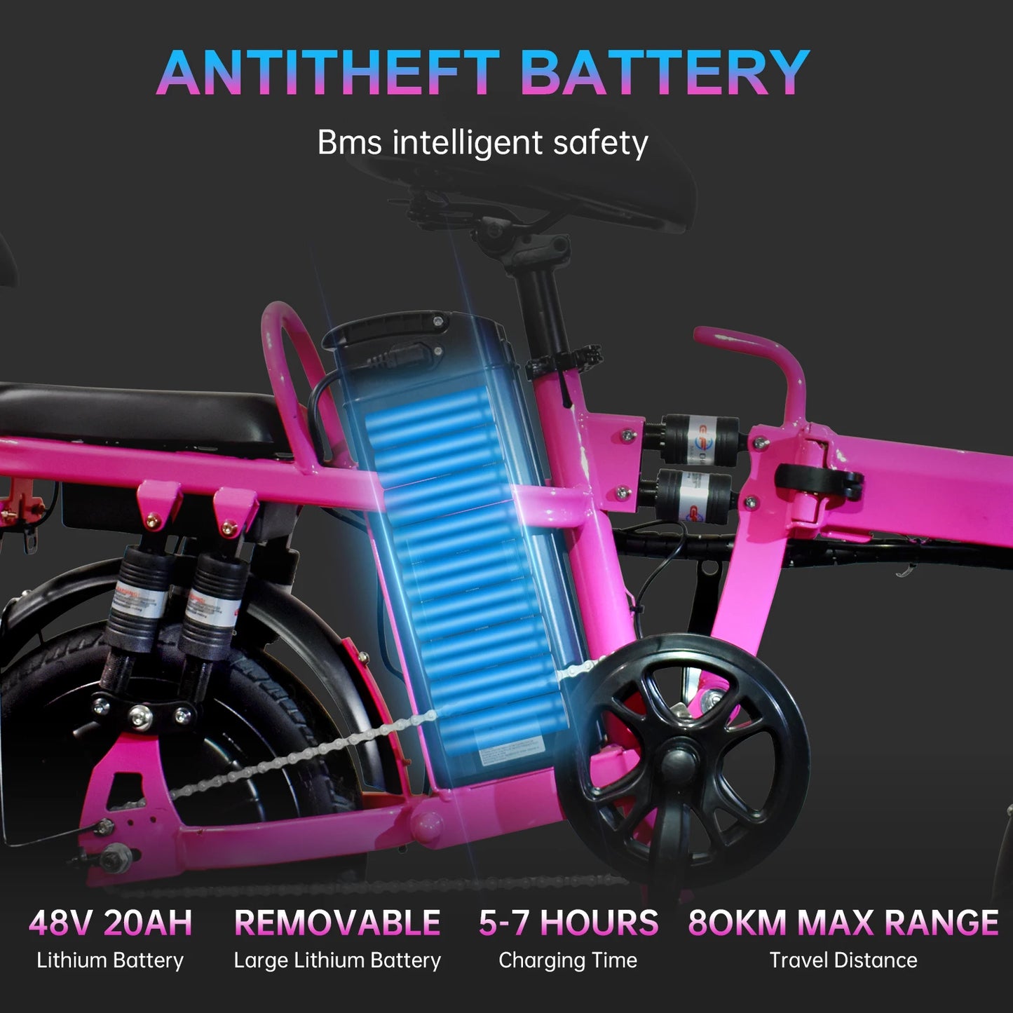 Electric Bike with Basket for Adults, 750W Peak Folding E Bike, 14" 48V 20AH Mini Ebike with Seat, Long Range 80 Miles-Pink