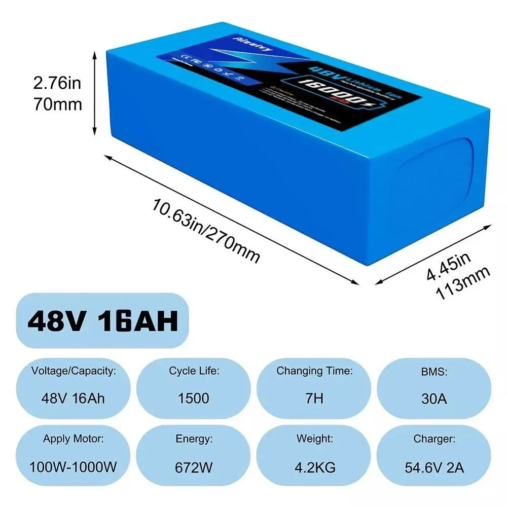 Aleaivy 36V 48V Electric Bike Lithium Battery Pack 10,16,20Ah Li ion Ebike Battery for Bicycle Scooter Motorcycle with Charger