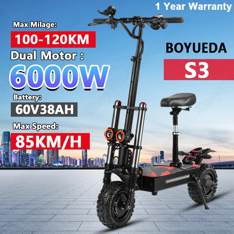 Boyueda S3 EScooters 6000W Dual Motor 60V38ah Hydraulic Oil Brake Electric Scooter Aldult 11 Inch Off-road Vacuum Tire E-Scooter