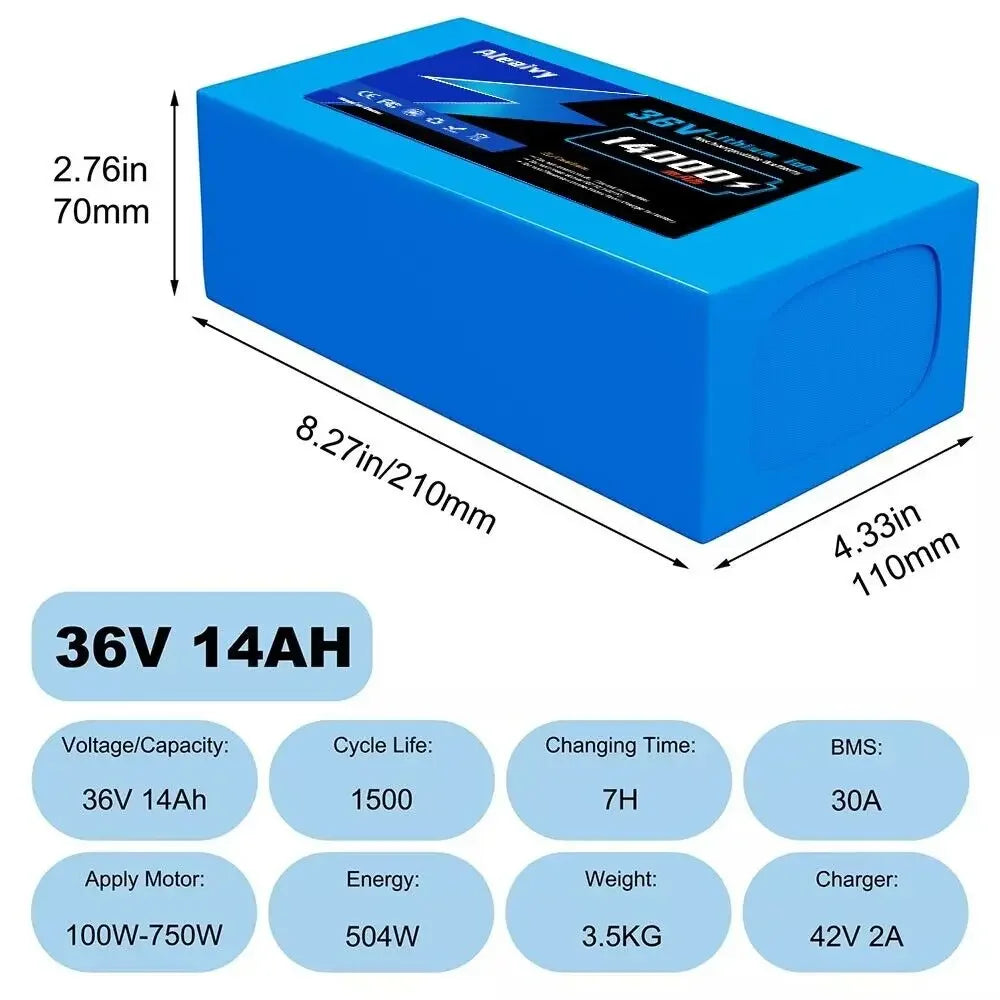 Aleaivy 36V 48V Electric Bike Lithium Battery Pack 10,16,20Ah Li ion Ebike Battery for Bicycle Scooter Motorcycle with Charger