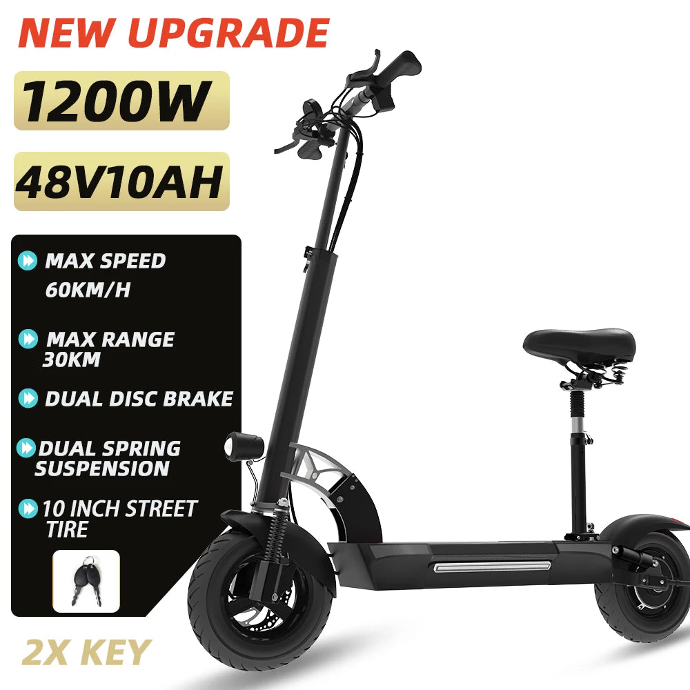 1200W Rear Motor Electric Scooter 55KM/H Max Speed E-Scooter for Adult 10'' Pneumatic Tyres Trottinettes électriques Disc Brake
