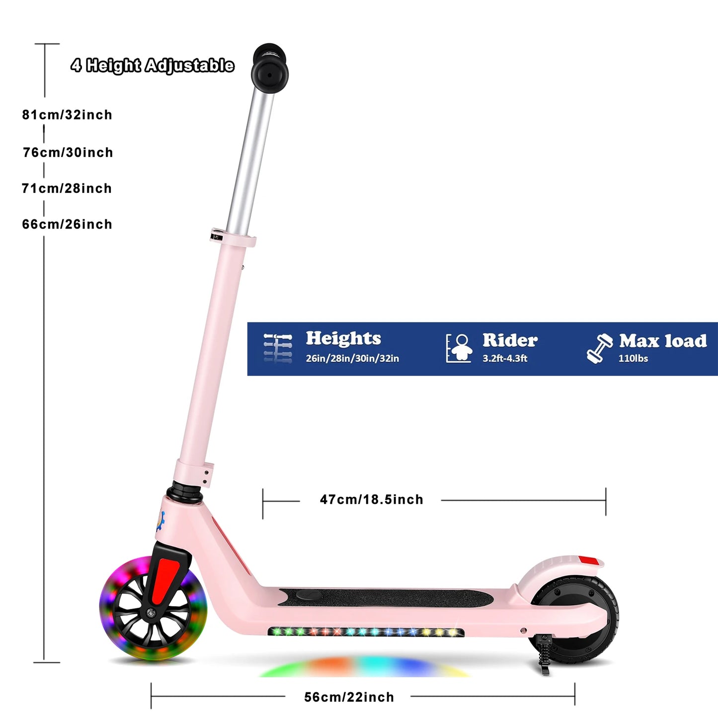Caroma Electric Scooter for Kids Ages 6-12,120W Motor,10 MPH Max Speed & 7 Miles,Colorful Lights,Adjustable Height & Speed,LED