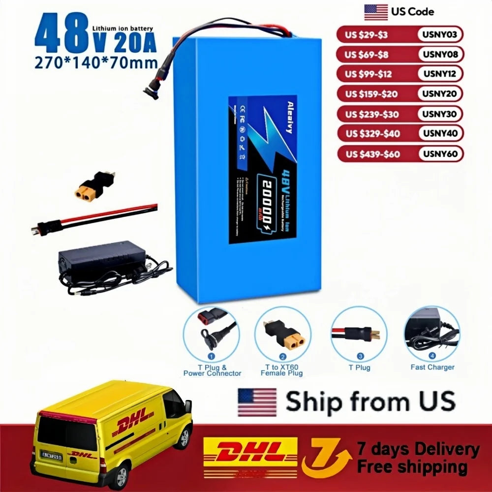 Aleaivy 48V Electric Bike Lithium Battery Pack 10 16 20Ah Li Ion Ebike Battery for Bicycle Scooter Motorcycle with 54.6v Charger