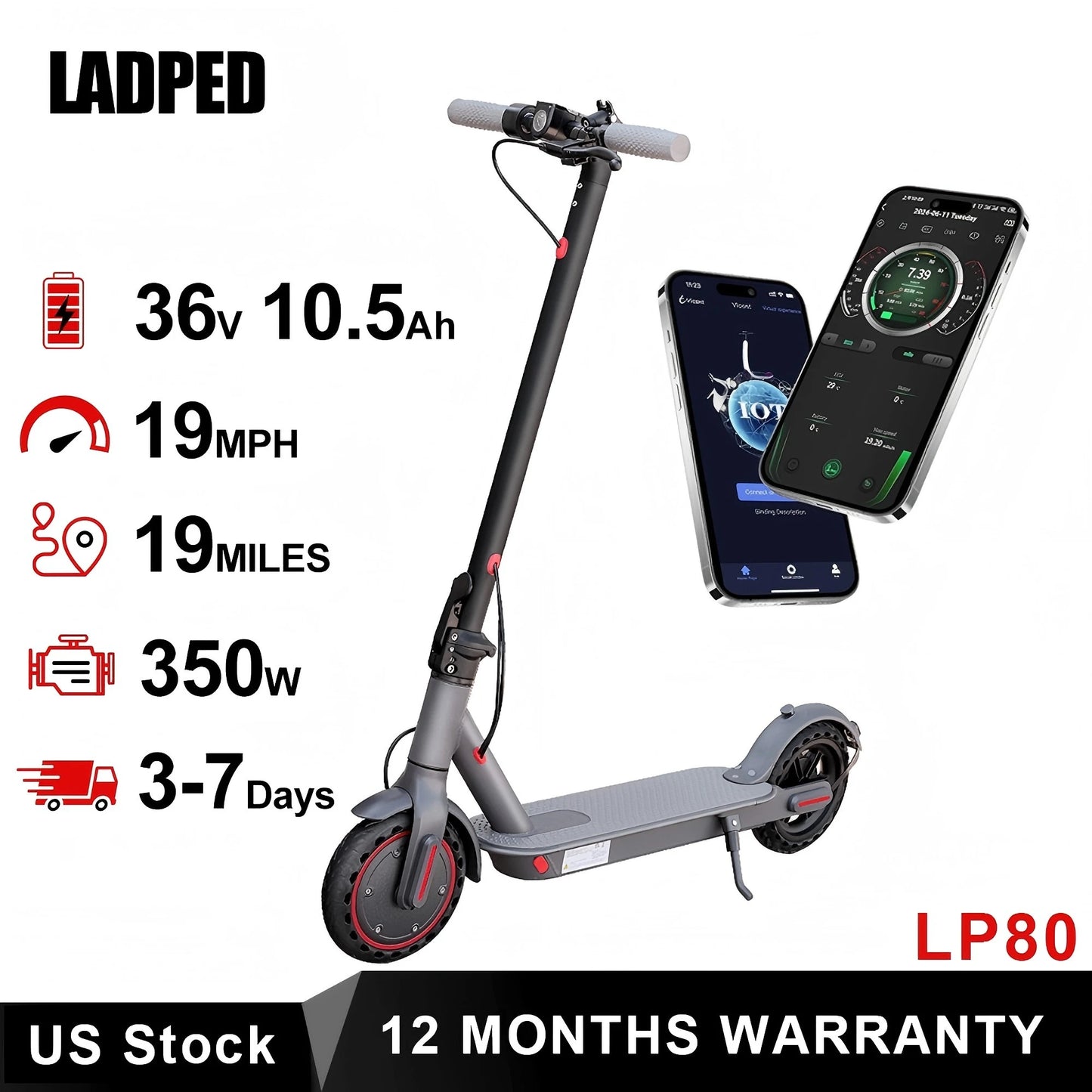 LADPED Electric Scooter 350W 19mph APP Smart Scooter Shock-absorbing Anti-skid ‎8.5 Inches Folding waterproof Electric Scooter