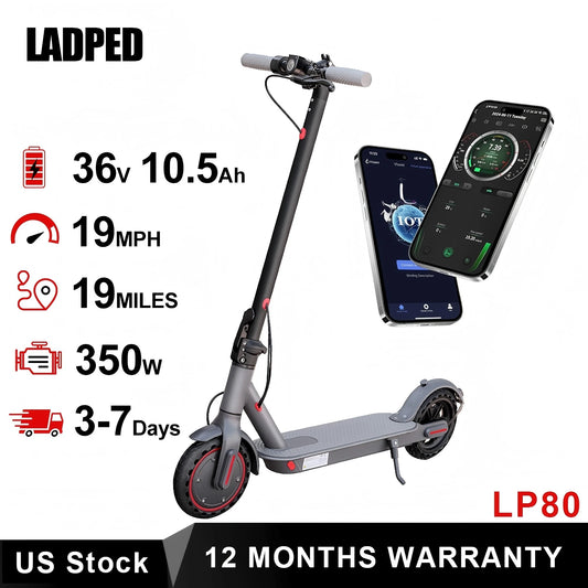 LADPED Electric Scooter 350W 19mph APP Smart Scooter Shock-absorbing Anti-skid ‎8.5 Inches Folding waterproof Electric Scooter