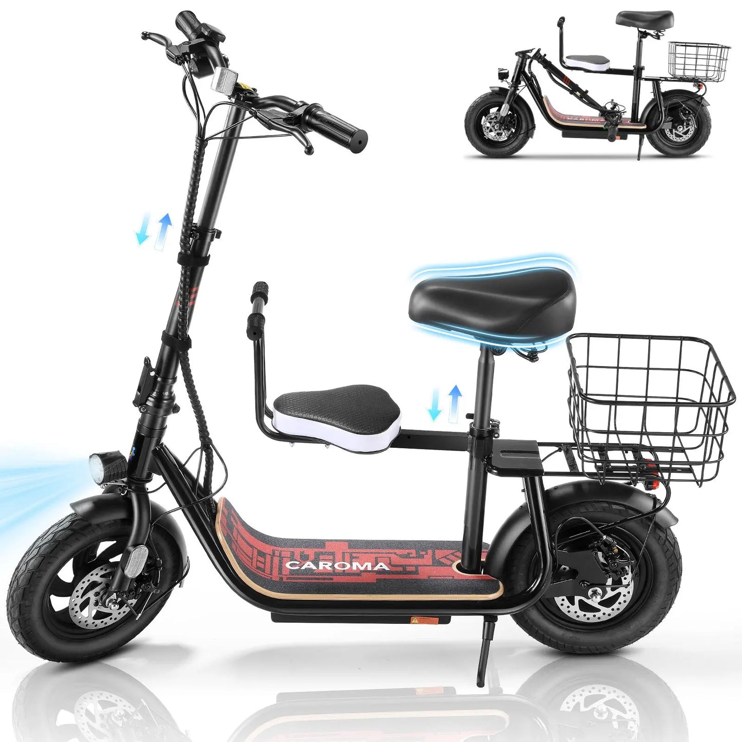 Peak 1200W Electric Scooter with Kids Seat,12" Shock-Absorbing Tires,500Wh Battery up to 30 Miles,Foldable for Commuting