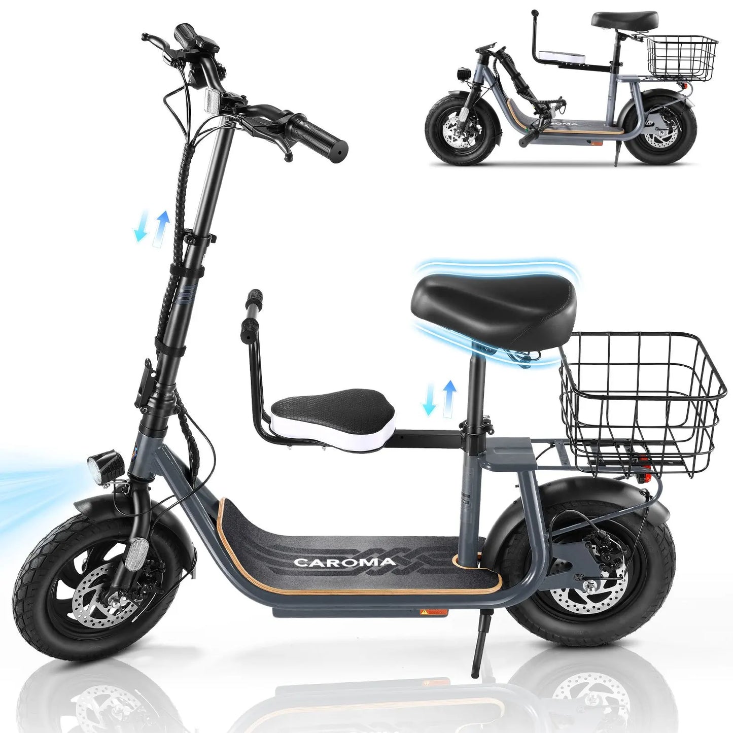 Peak 1200W Electric Scooter with Kids Seat,12" Shock-Absorbing Tires,500Wh Battery up to 30 Miles,Foldable for Commuting