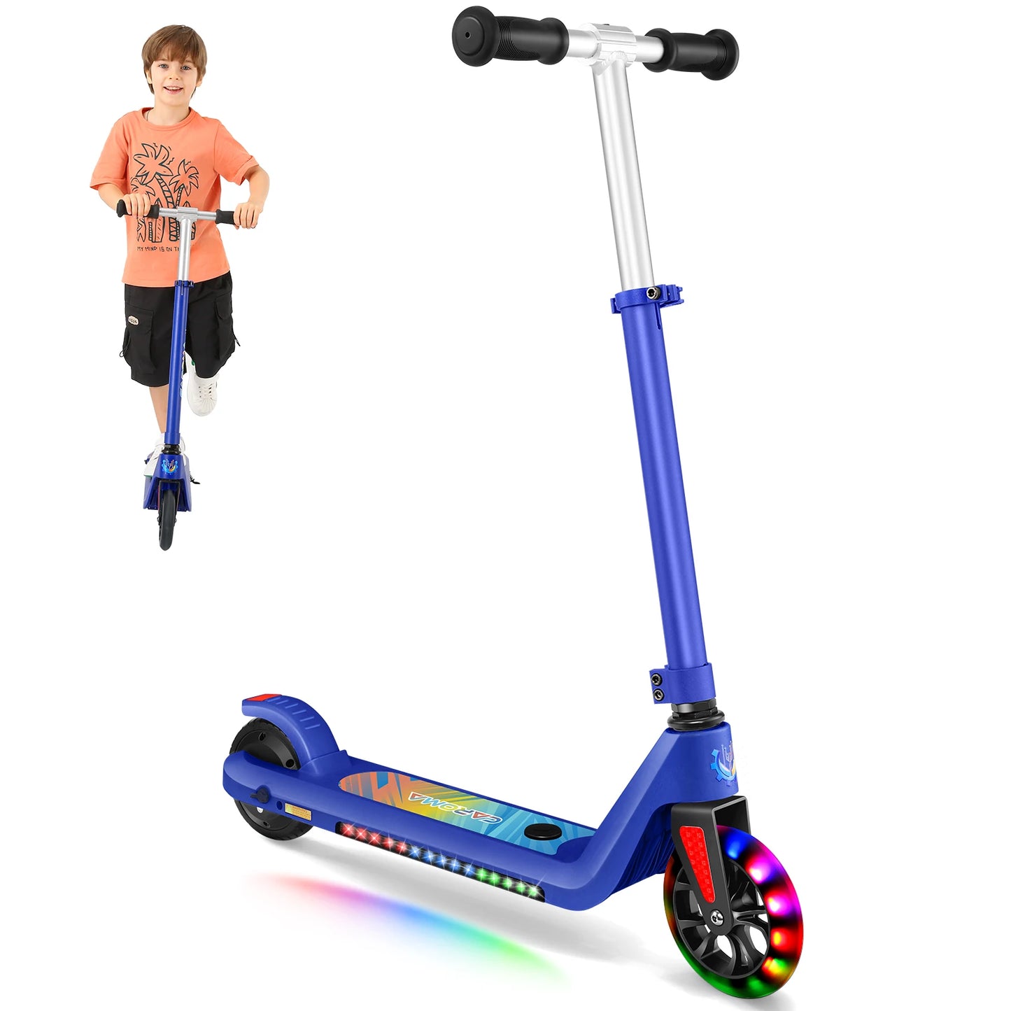 Caroma Electric Scooter for Kids Ages 6-12,120W Motor,10 MPH Max Speed & 7 Miles,Colorful Lights,Adjustable Height & Speed,LED