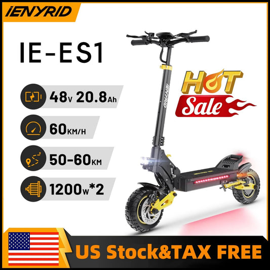 IENYRID IE-ES1 Foldable Electric Scooter 2x1200W Dual Motor Peak 3000W 48V20.8Ah Lithium Battery E-Scooter 10-inch Tires