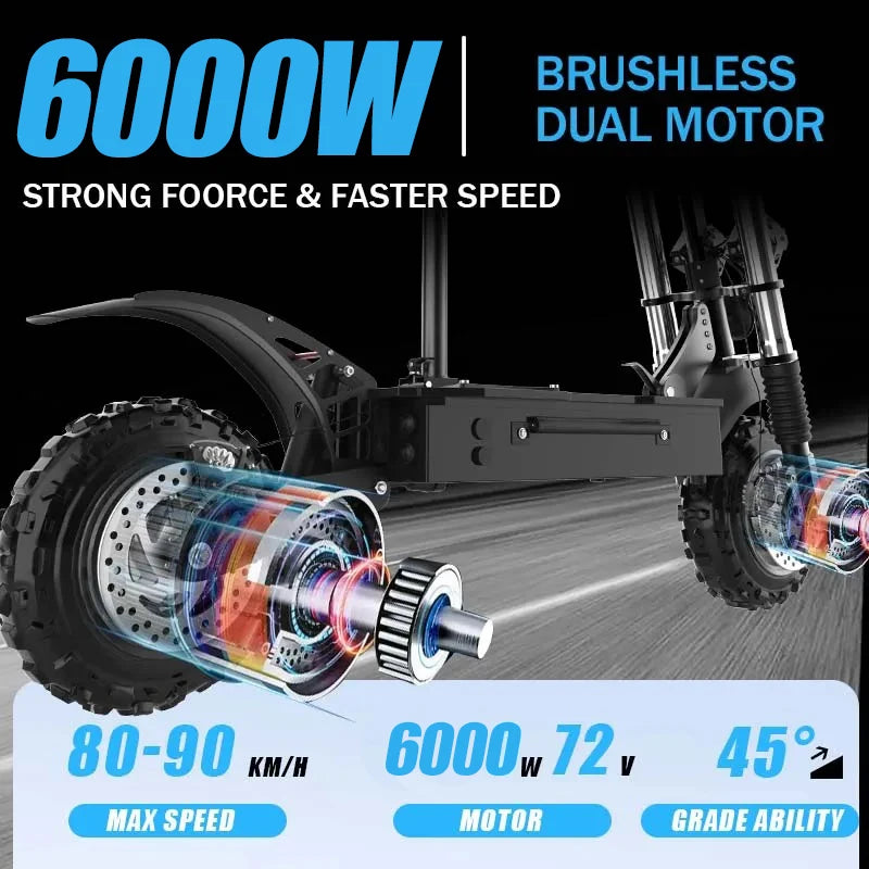 11inch Off Road Electric Scooter Dual Motor 85km/h Electric Scooter Adult 72V 6000W Powerful Electric Kick Scooter for Adults