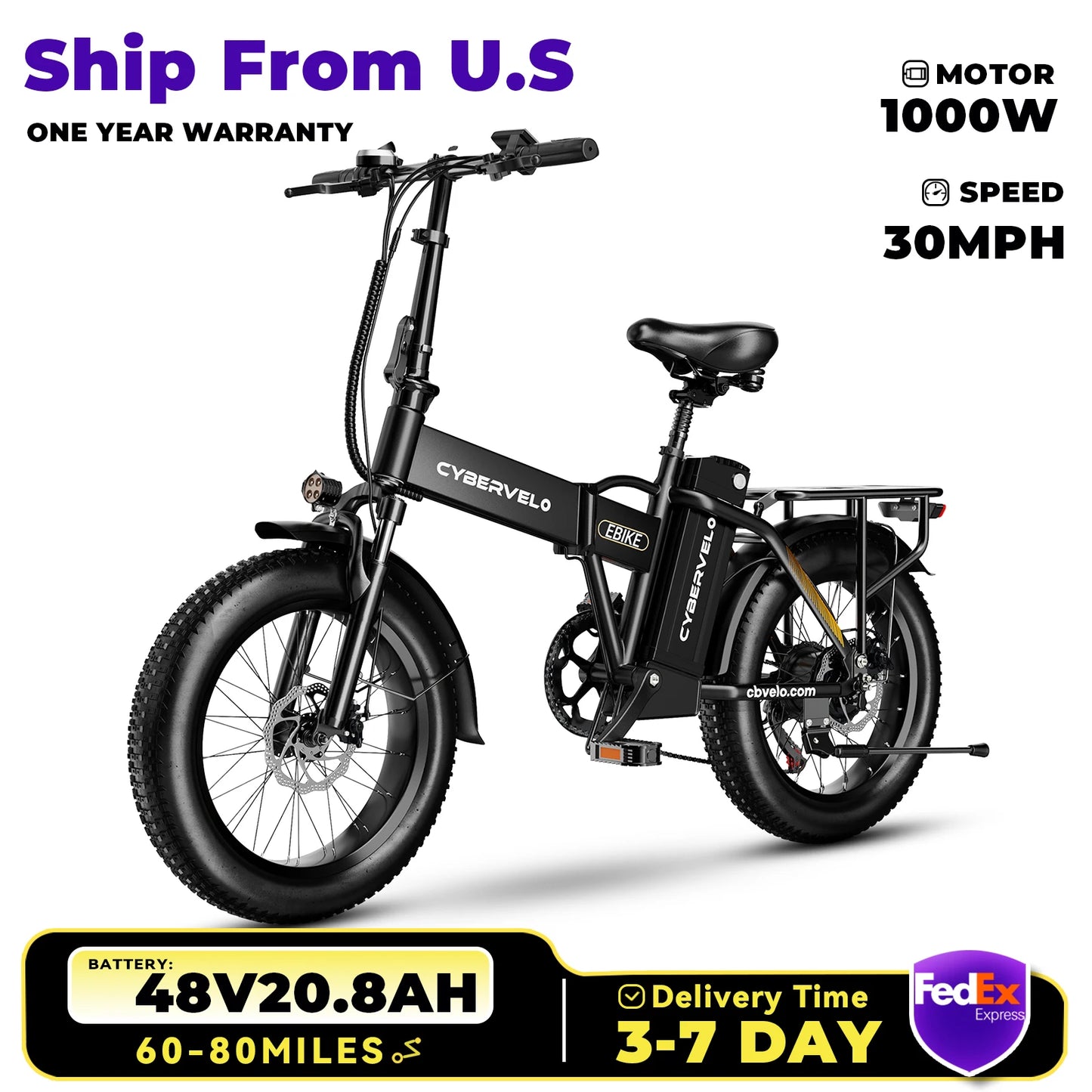 1000W Folding Electric Bike, 48V 20AH Large Removable Battery E Bike, 30+MPH, 80 Miles Max Range, 20" Fat Tire Electric Bike for