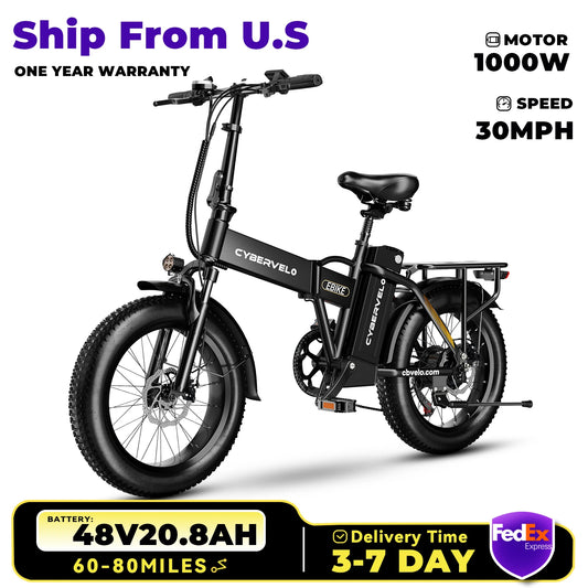 1000W Folding Electric Bike, 48V 20AH Large Removable Battery E Bike, 30+MPH, 80 Miles Max Range, 20" Fat Tire Electric Bike for