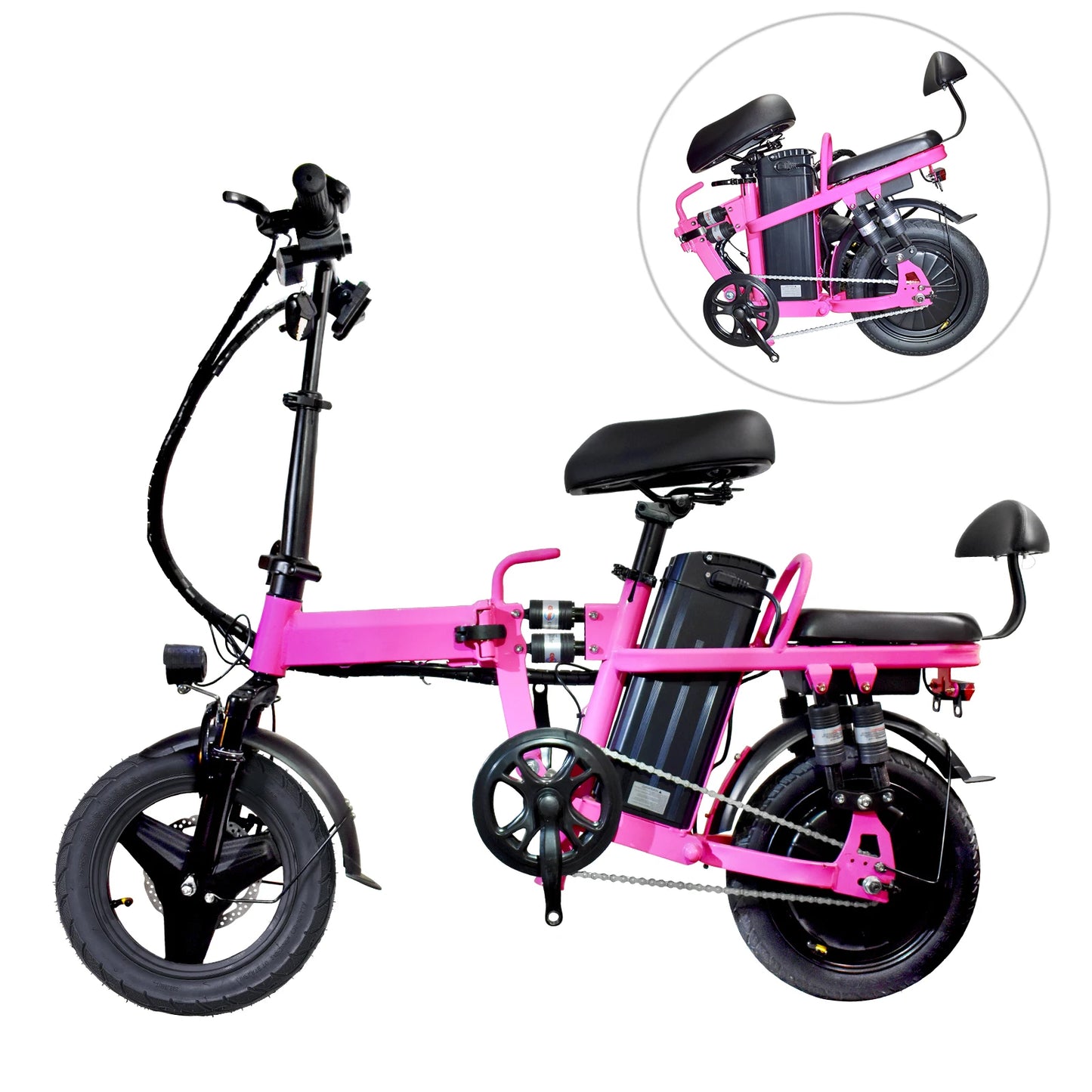 Electric Bike with Basket for Adults, 750W Peak Folding E Bike, 14" 48V 20AH Mini Ebike with Seat, Long Range 80 Miles-Pink