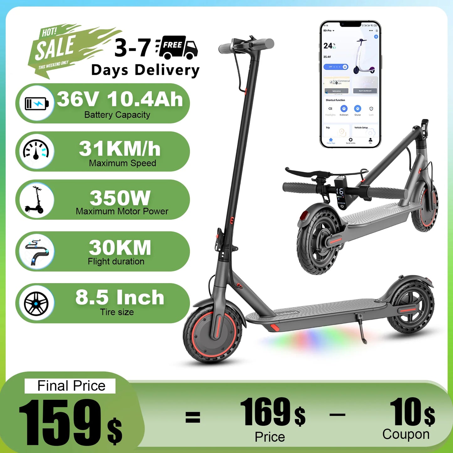 G6.0 Electric Scooter 350W Powerful Motor 19 MPH 12 Miles Long Range 36V 5.2 High Chip with APP 8.5 Inch Kick Foldable EScooter