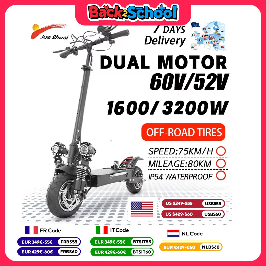 75KM/H Electric kick scooter 60V 48V 1300-3200W 10 inch Fat Tire Foldable Waterproof Electric Scooters Adults EU Warehouse