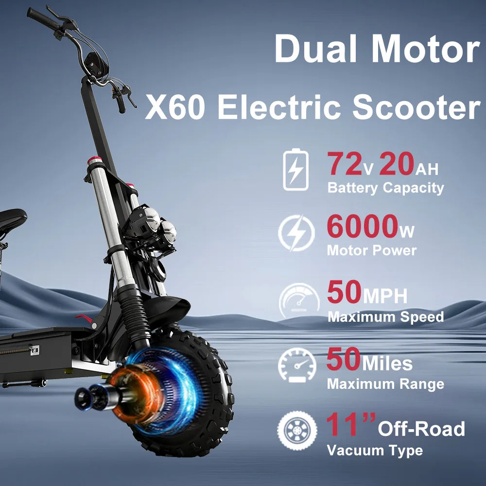 SMATEIGHT X60 6000W Dual Motor Adult Electric Scooter Speed up to 50MPH 72V 20AH 11 Inch Off-Road Tires Foldable E-Scooter