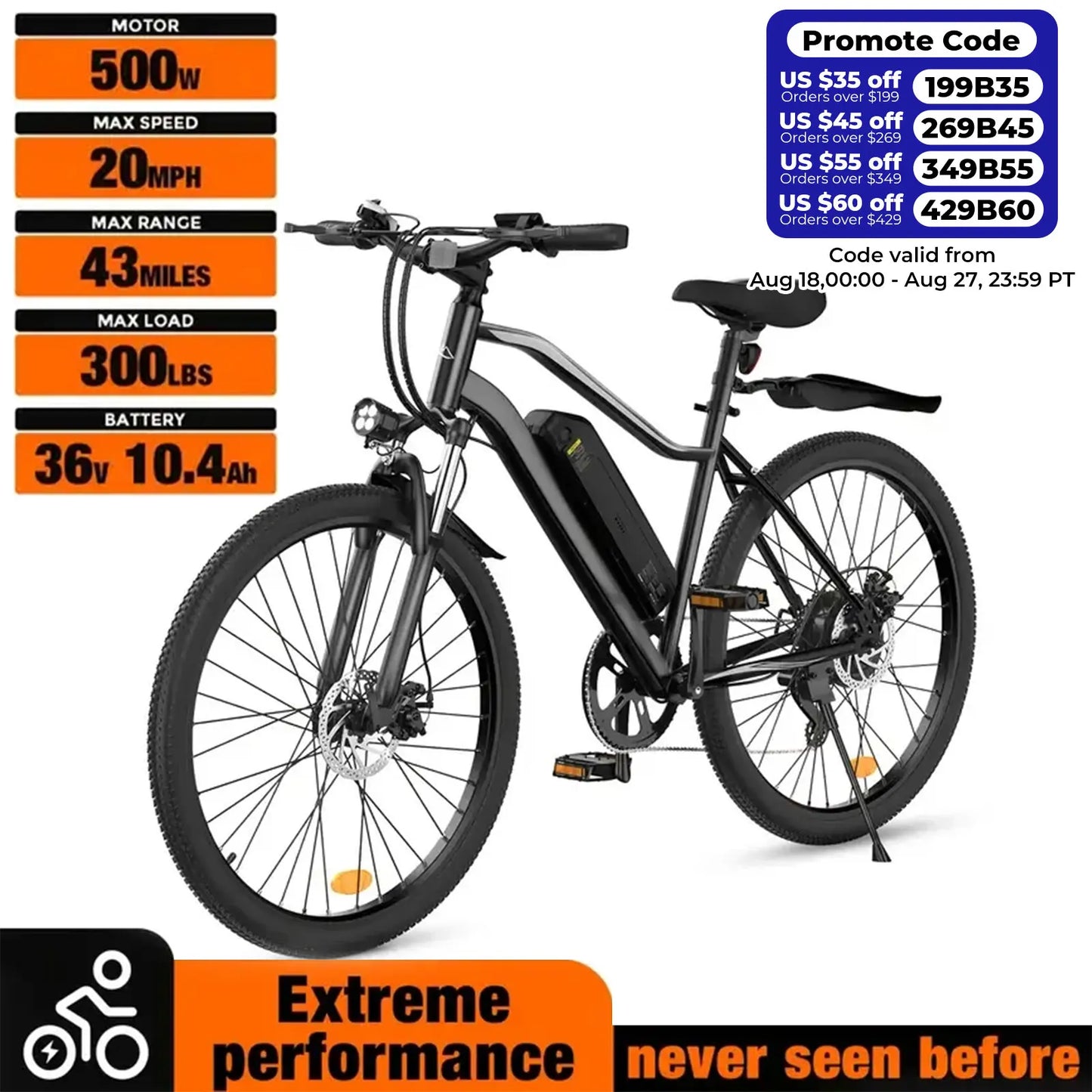 Electric Bike for Adults, 26" Electric Mountain Bike With 500W Brushless Motor, 23MPH Top Speed Electric Bicycle with 3
